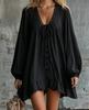 2026 Retro Lace V-neck Dress Cotton and Linen Loose Long-sleeved Ruffle Edge Short Mini-skirt