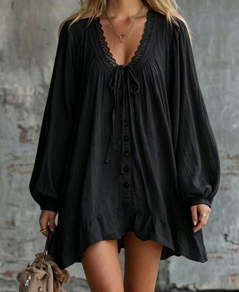 2026 Retro Lace V-neck Dress Cotton and Linen Loose Long-sleeved Ruffle Edge Short Mini-skirt