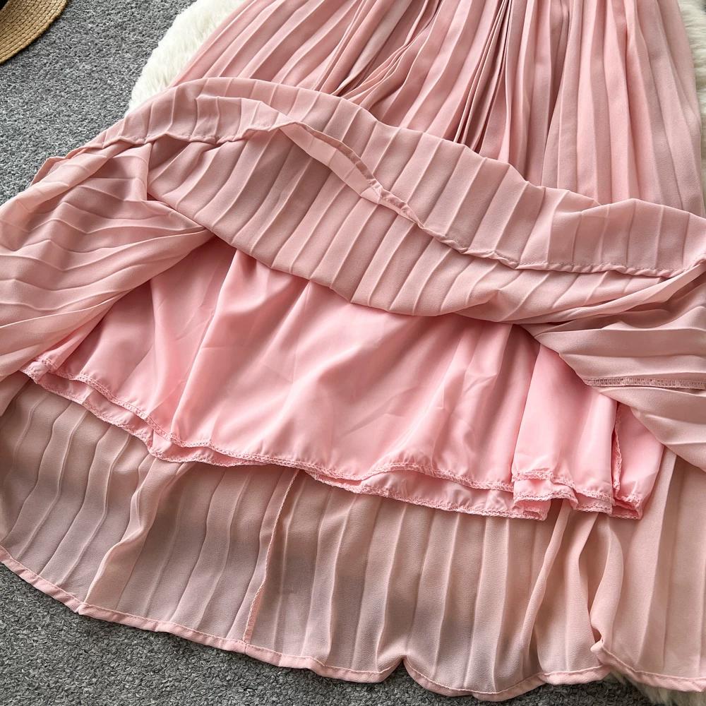 Elegant Beaded Studded Halter Strapless A-line Loose Dress for Women Sweet Pink Sleeveless Lace-up Pleated Dress Holiday Summer Dress