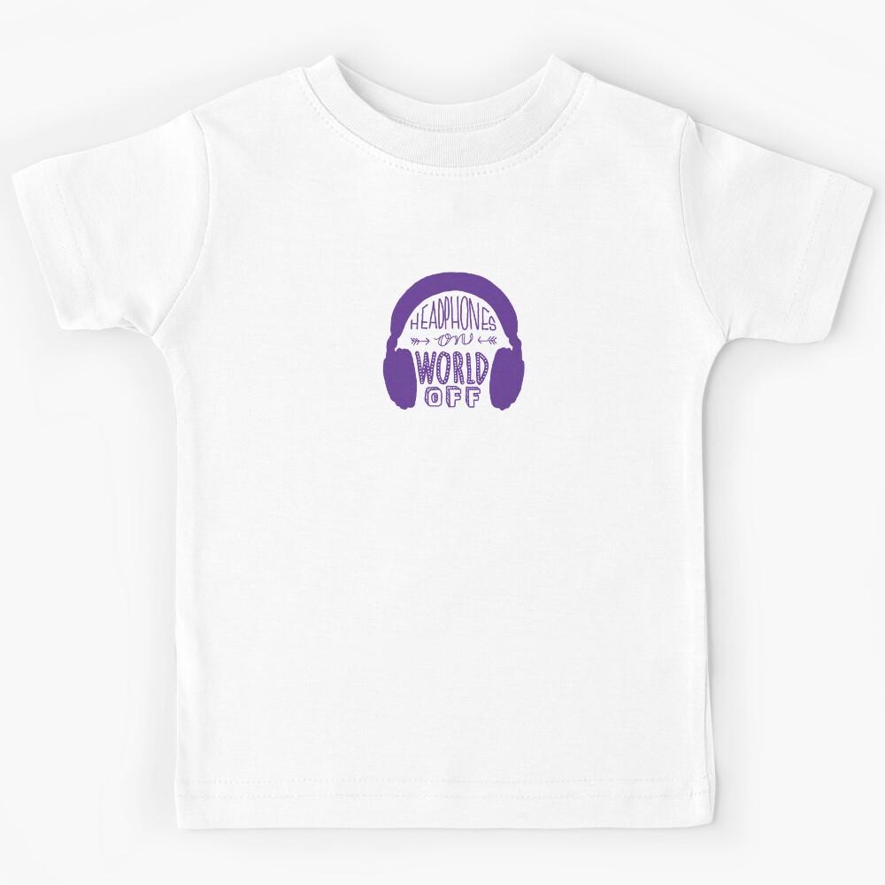 purple headphones on world off Kids T-Shirt 130