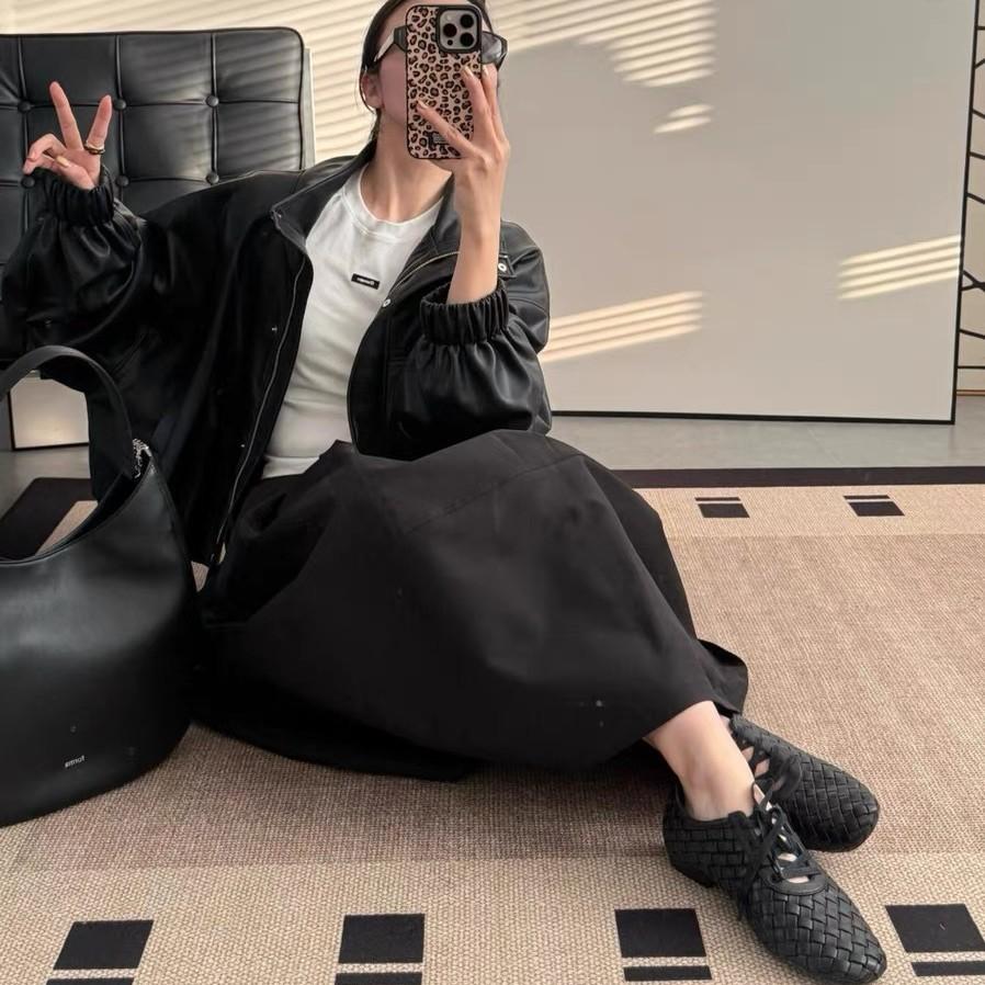 Summer New Retro Hand-woven Square Head Flat Bottom Single Shoes Women's Leather Lace-up