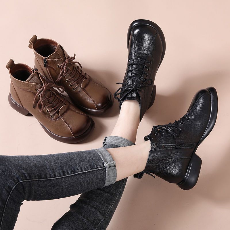 Brand Retro Black Brown Split Leather boots Woman Casual Lace Up Winter Snow Boots Non-slip Rubber Booties Ladies Ankle Botas