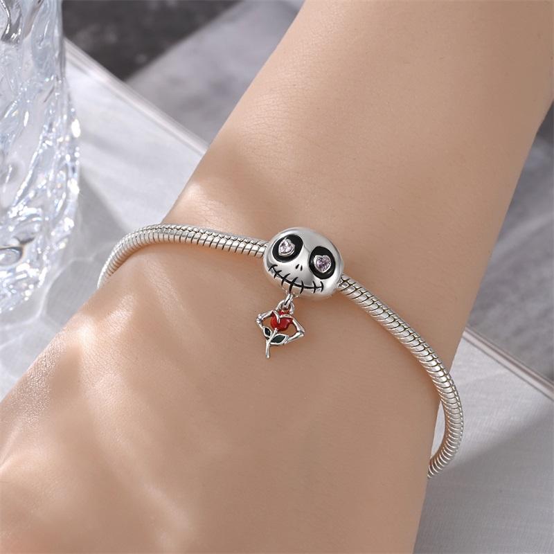 Halloween Party Copper Gothic Cute Skeleton With Rose Beads Fit Charms Diy Bracelet For Jewelry Making Women Gift