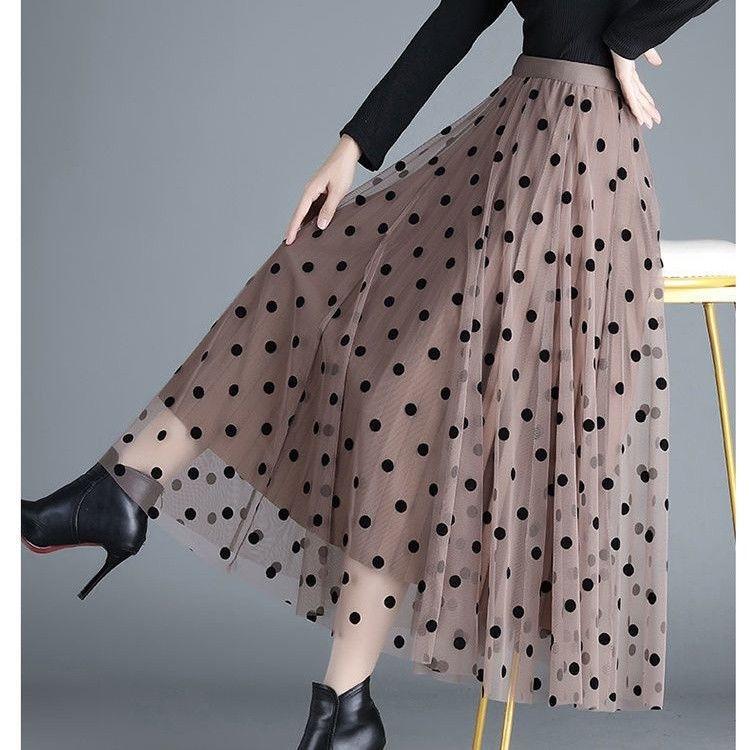2025 Summer High Waist Polka Dot Floral Mesh Midi Skirt