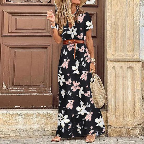 Damen Kleid Blumendruck Gürtel Frühling Sommer Bohemina A-Linie Maxi Kleid Strandbekleidung