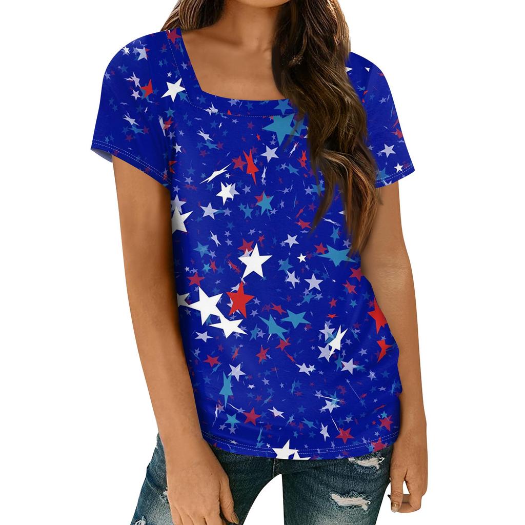Women's Tops Spring Summer Casual T Shirt Short Sleeve Square Neck Basic Printed T Shirt