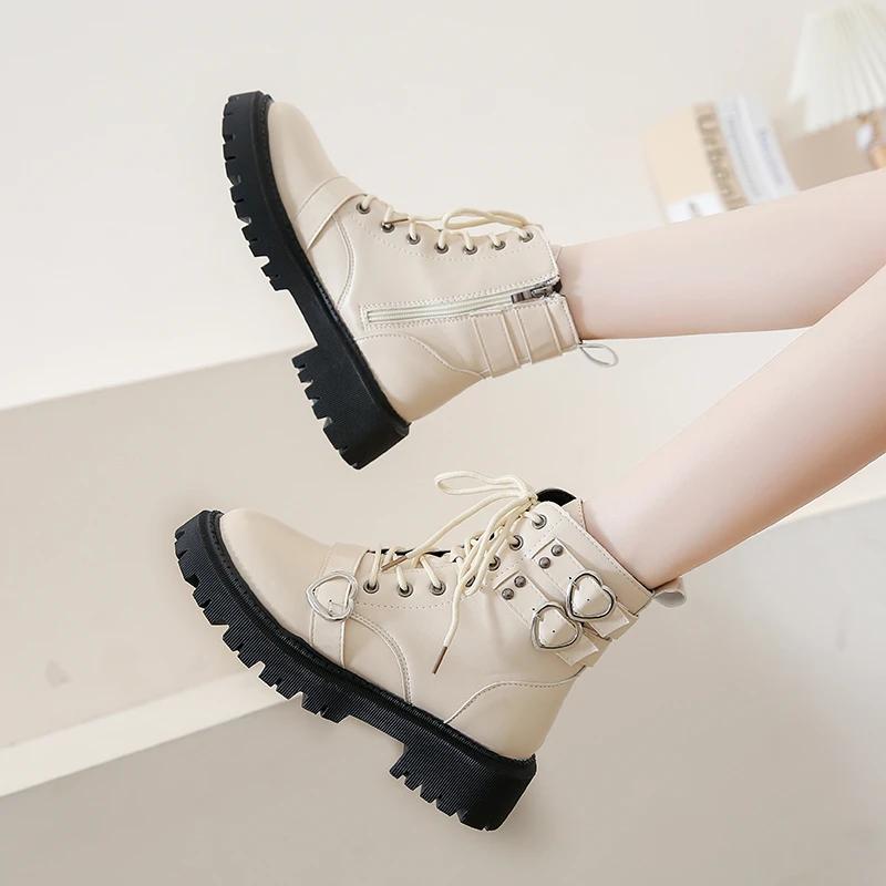 Heart Buckle Chunky Platform Ankle Boots Women Autumn Pu Leather Thick Bottom Short Boots Woman Black Motorcycle Shoes
