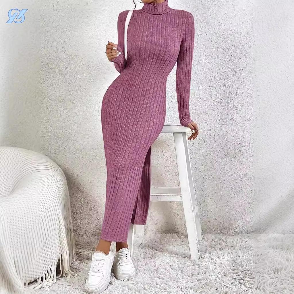 Fashion Slim Sexy Side Slit Midi Dress Women Autumn Winter Solid Turtleneck Bodycon Dress Long Sleeve Elastic Knitted Dresses