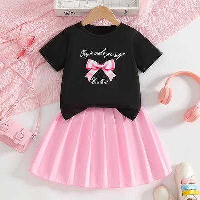 Girls' Fashionable Short Skirt Set - Summer Children's T-shirt And Pink Pleated Skirt Two-piece Set