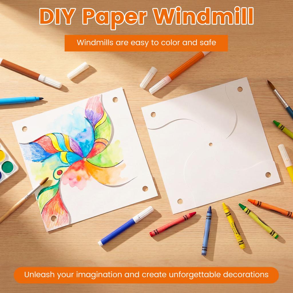 100Pcs DIY Paper Pinwheels Craft Kid Color Your Own White Pinwheels Bulk Summer Spring Craft for Art Craft Party Activity Easter