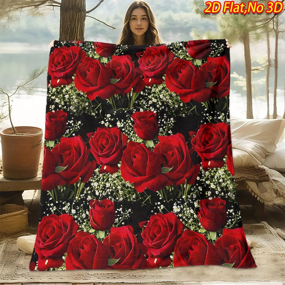 1pc 2D Flat Printing Spring And Summer New Arrival Red Rose And 'S Breath Pattern Digital Print Blanket, Throw, Soft And Comfort
