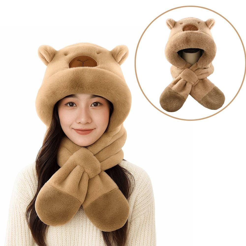 Thickened Capybara Hooded Scarf Set Soft Plush Plush Hat Scarf Set  Cycling Protection