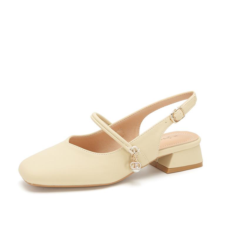 Rücken Leer Französisch 3 Cm Kleiner Duftender Stil Mary Zhen Schuhe Live Mädchenschuhe Echtes Leder Zehenkappe Mules 40 beige