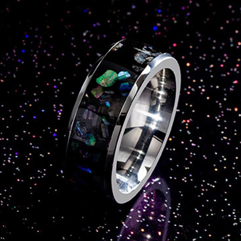 

8mm Titanium Steel Wedding Ring Galaxy Created Opal Inlay Comfort Fit Polished Fashion Charm for Men And Women 13&No Engrave срібний