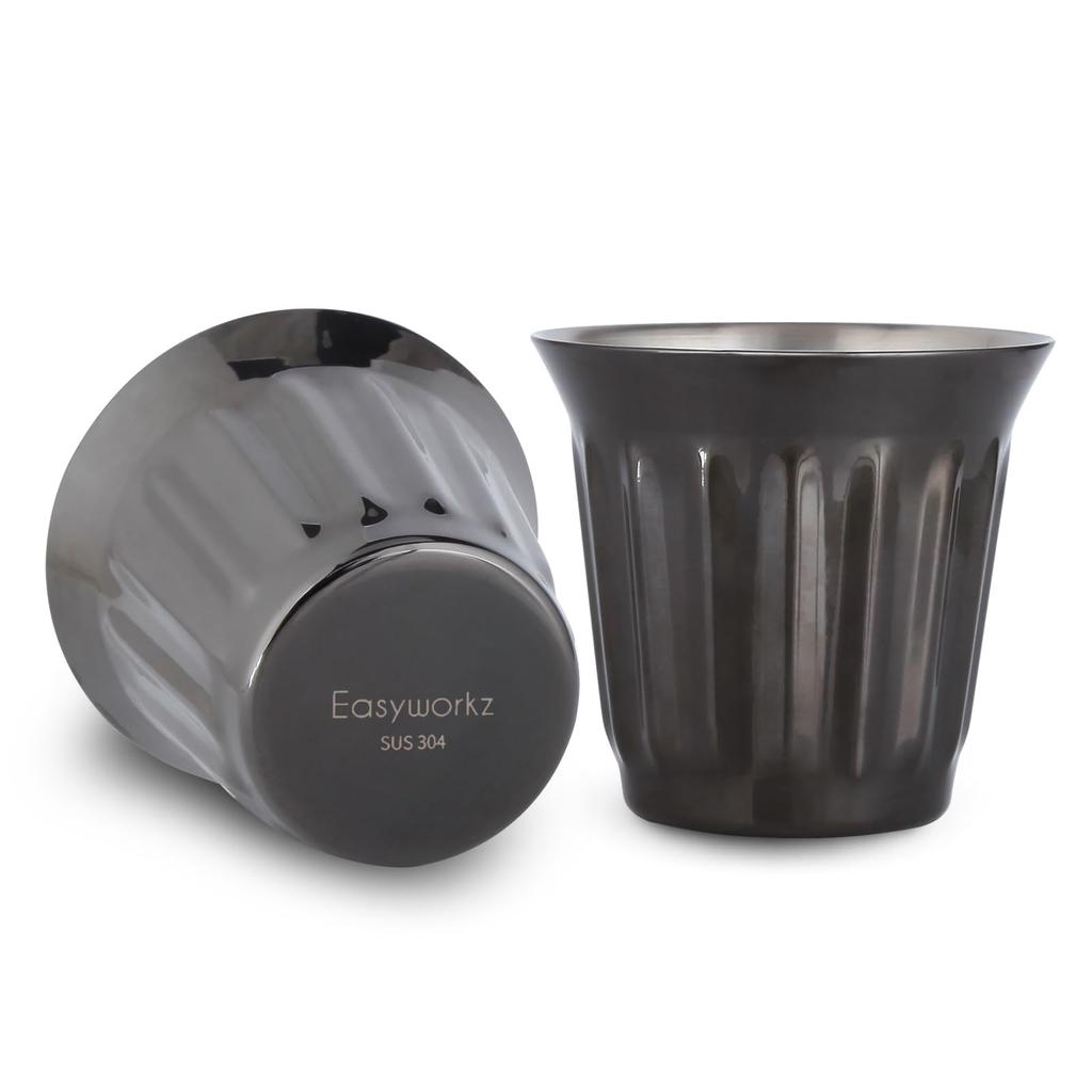 Easyworkz Espresso Stainless Double Wall Vertical Striped For Both Hot and Cold 150ml of Gunmetal Cup, Steel, Insulated, Design, Use, "Set 2"