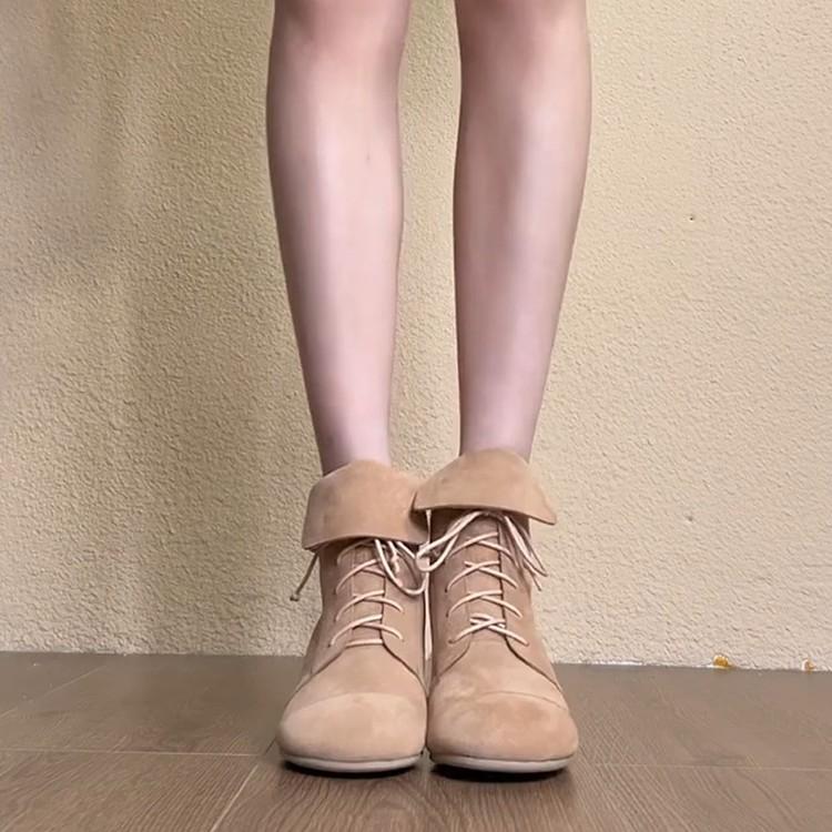 Cowhide version~ New niche lace-up Martin boots for women's small inner height-increasing round head suede rear zipper fashion boots