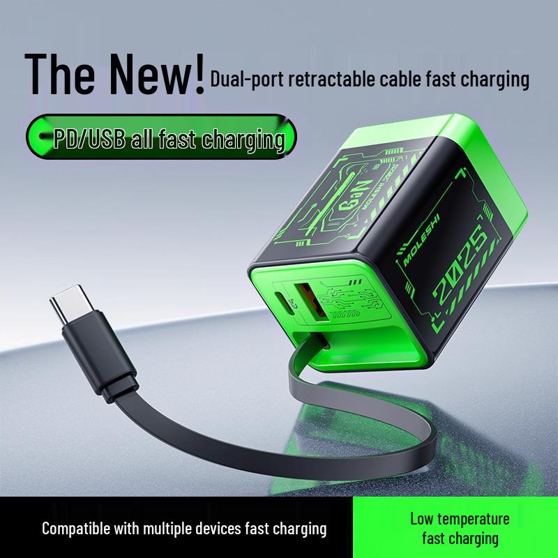 GaN Multi-Port Fast Charger with Retractable Cable for Apple & Huawei Devices.