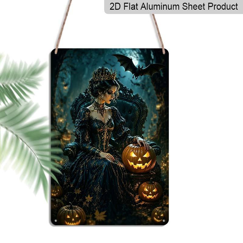 2D Flat Gothic Halloween Queen with Pumpkin and Bat Vintage Metal Sign‑8.0x12.0inch Aluminum Wall Art, Farmhouse Halloween Wall Decor, Pre‑Drilled