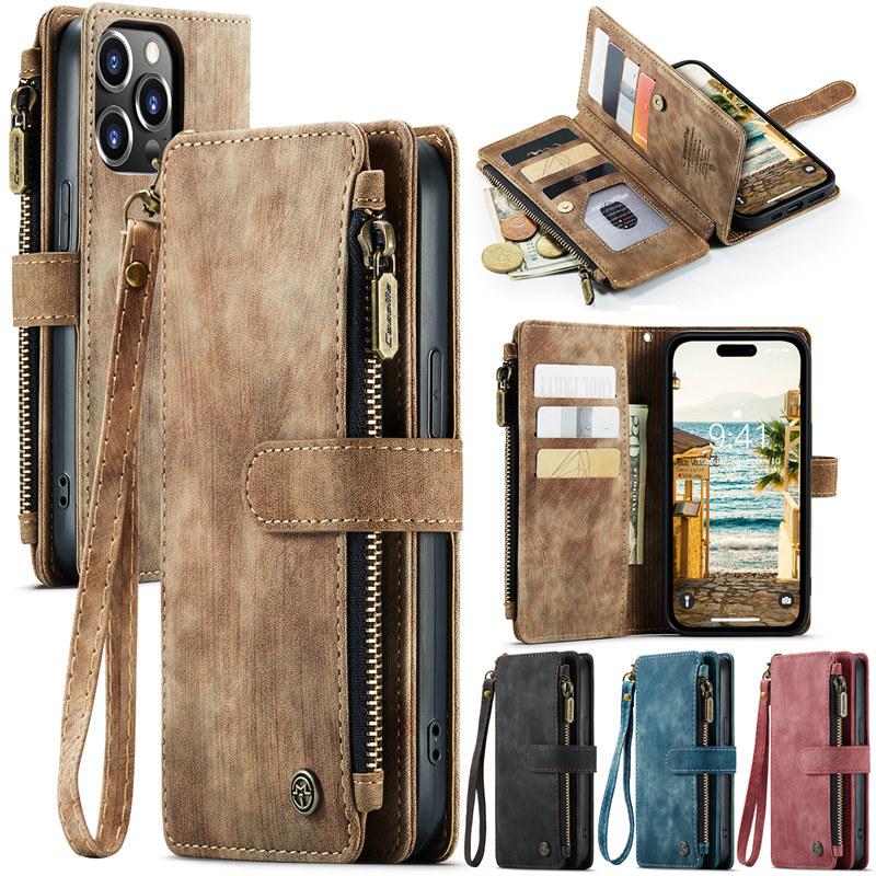 CaseMe Flip Leather Phone Case For iPhone 17 Pro Max 16 Plus 15 14 13 12 11 XS XR X Samsung S26 S25 FE S24 Ultra S23 S22 S21 Zipper Wallet Cards Cover