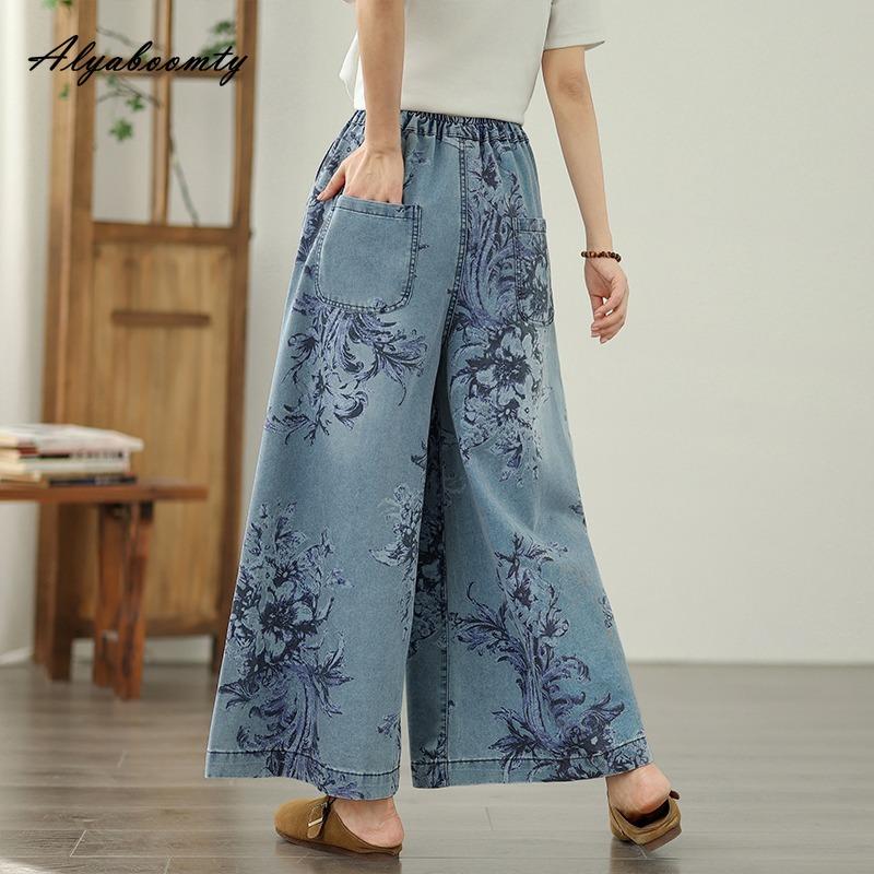 Plus Size Spring Summer Women Blue Jeans High Waist Floral Print Casual Loose Wide Leg Jeans Vintage Baggy Ladies' Large Size Jeans