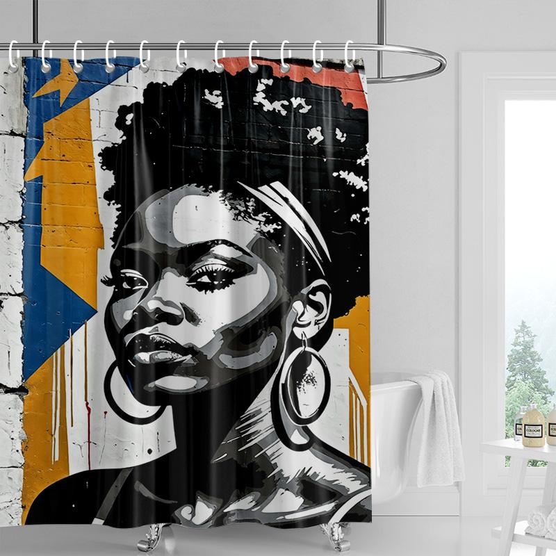 Vintage portrait shower curtain-black and white with orange decoration, distressed texture bathtub shower curtain
