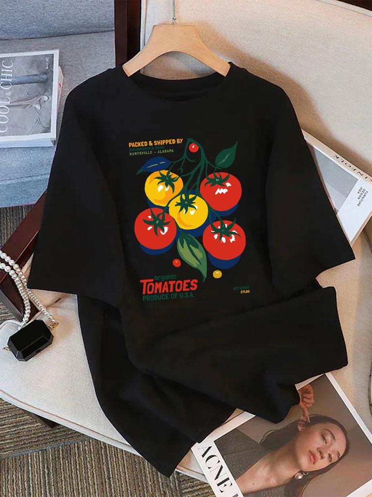 Summer Cotton T-Shirts Women Organic Tomatoes Produce Of Usa Prints Short Sleeve O-Neck Comfortable Loose Tops Casual Clothes