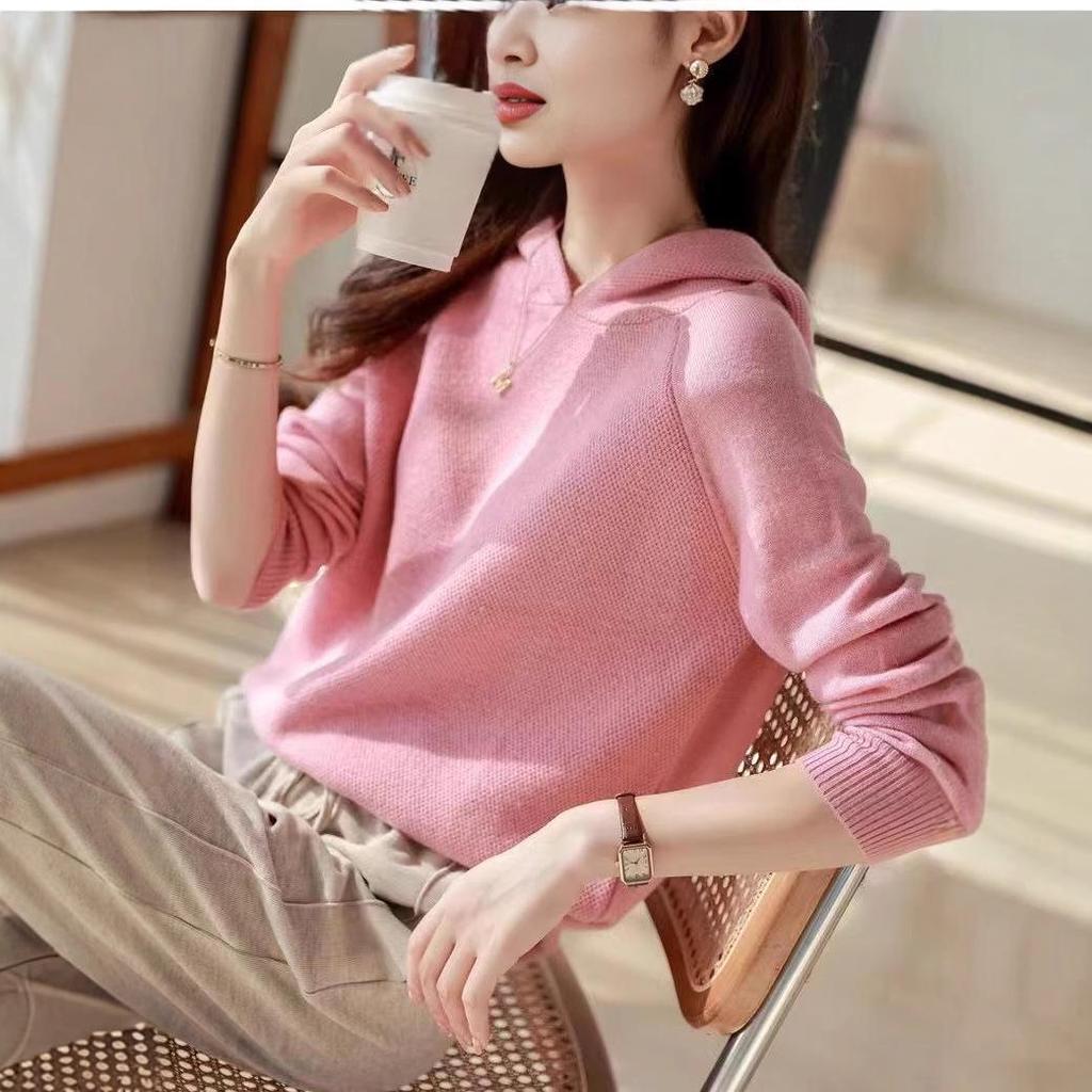 Women's Loose Fit Cashmere Hoodie - Spring/Autumn Korean Style Wool Knit Sweater