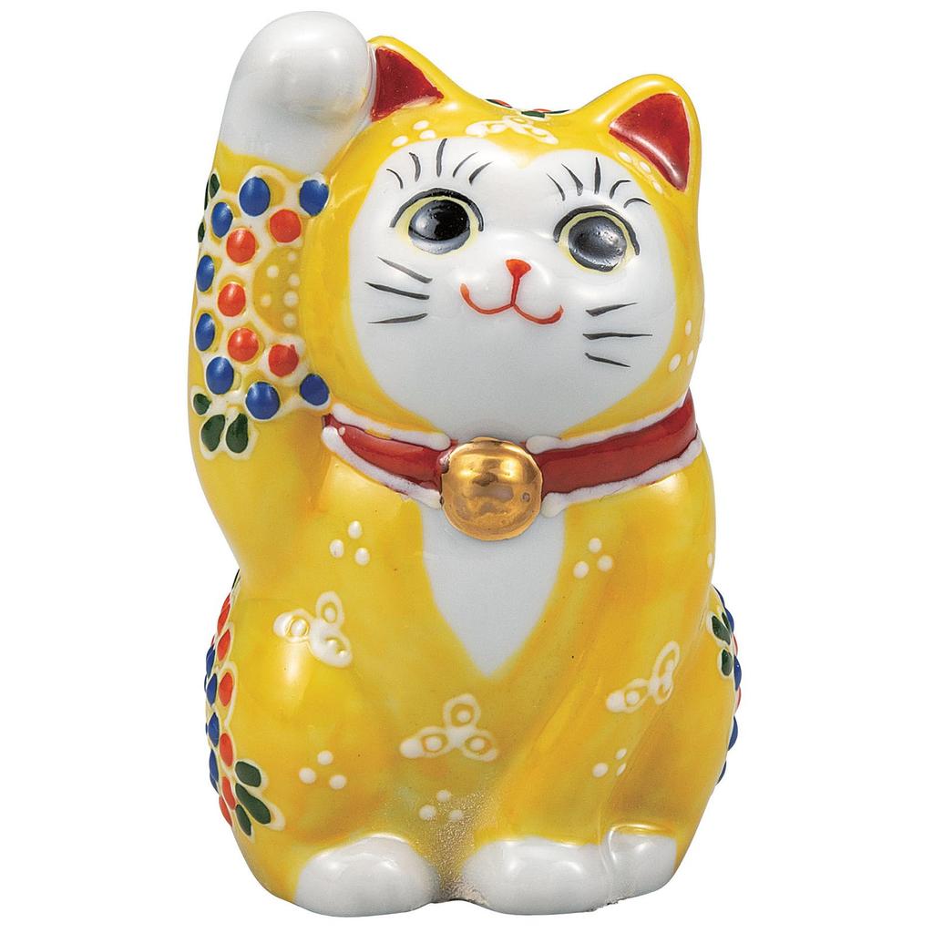 Kutani Ware Right 10cm Size Prosperity In Business and Good Fortune Maneki-neko Figurine, Handed, Tall, 3, Yellow, K9-1524,
