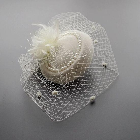 Women Fascinator Hat Feather Mesh Imitation Pearls Decor Pillbox Hat Small Top Hat Daily Party Hair Accessory