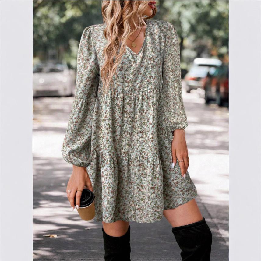 Hot-selling European and American foreign trade new dresses, round neck small floral long-sleeved bohemian dress