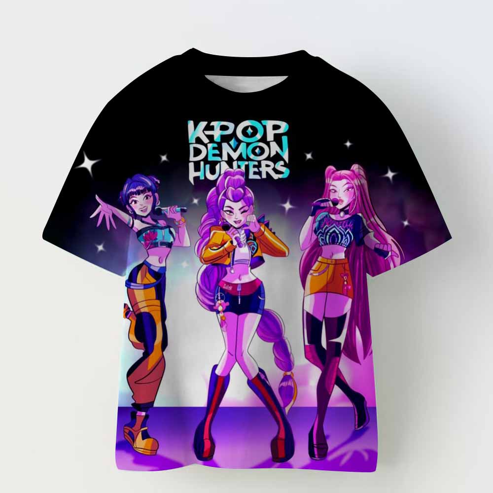 KPop Demon Hunters T-shirt for Children Cartoon Black Tee Top Girls Round Collar Short Sleeve Clothes Kids Summer Clothing Gift