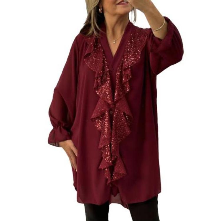 Haut décontracté à manches longues et col en V en mousseline pour femme, bordure à volants, boutonnage simple, coupe ample, couleur unie, coupe régulière