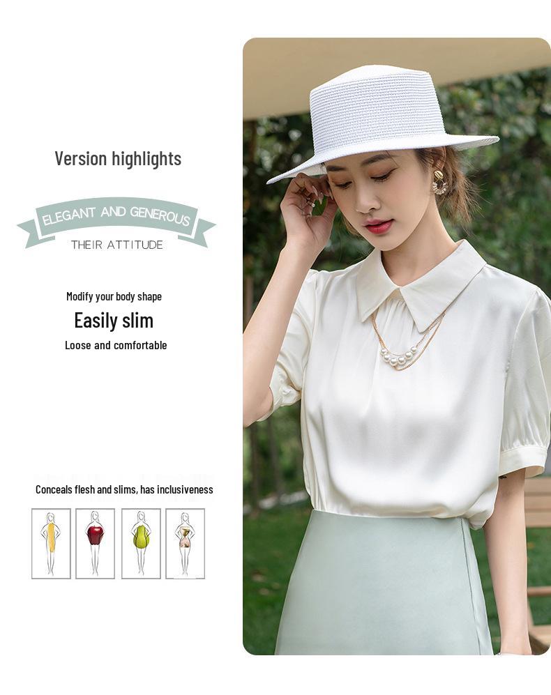 2025 Summer European Women's Silk Lapel Short Sleeve Solid Color T-Shirt