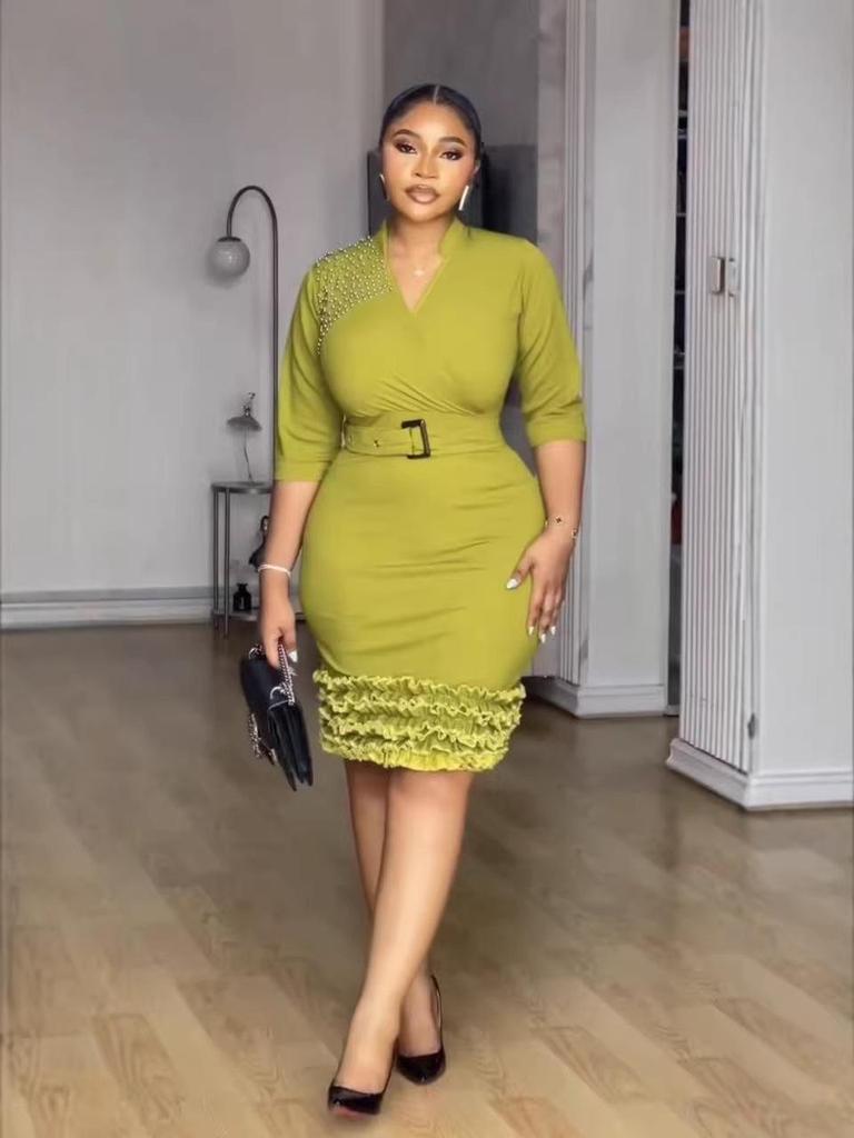 European & American Women's V-Neck Pleated Beaded Ruffle Bodycon Dress - Spring/Summer 2026 Collection