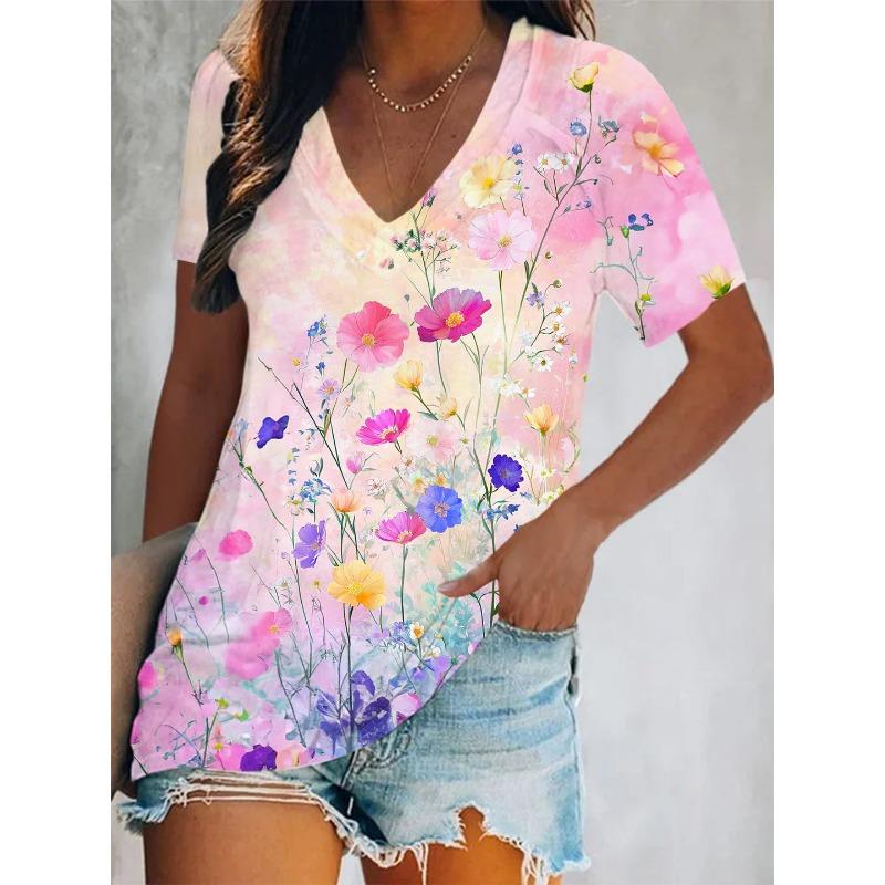 3D Printed Short Sleeve Butterfly Floral Print Women's V-Neck T-Shirt Summer Loose Women's Casual Short Sleeve Top