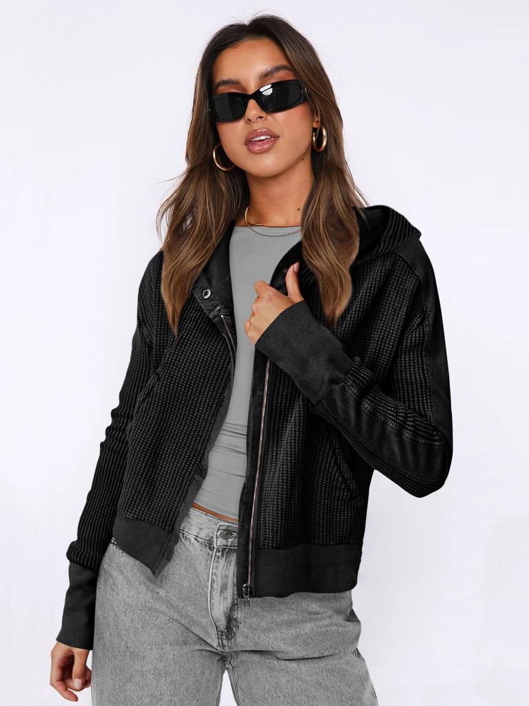 Women's Beige Knit Hooded Zip-Up Jacket with Pockets, Casual Loose Fit Pullover Coat