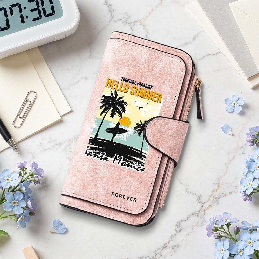 Vintage Summer Beach Pattern Long Wallet Portable Casual Card Holder Fashionable Daily Carry Purse