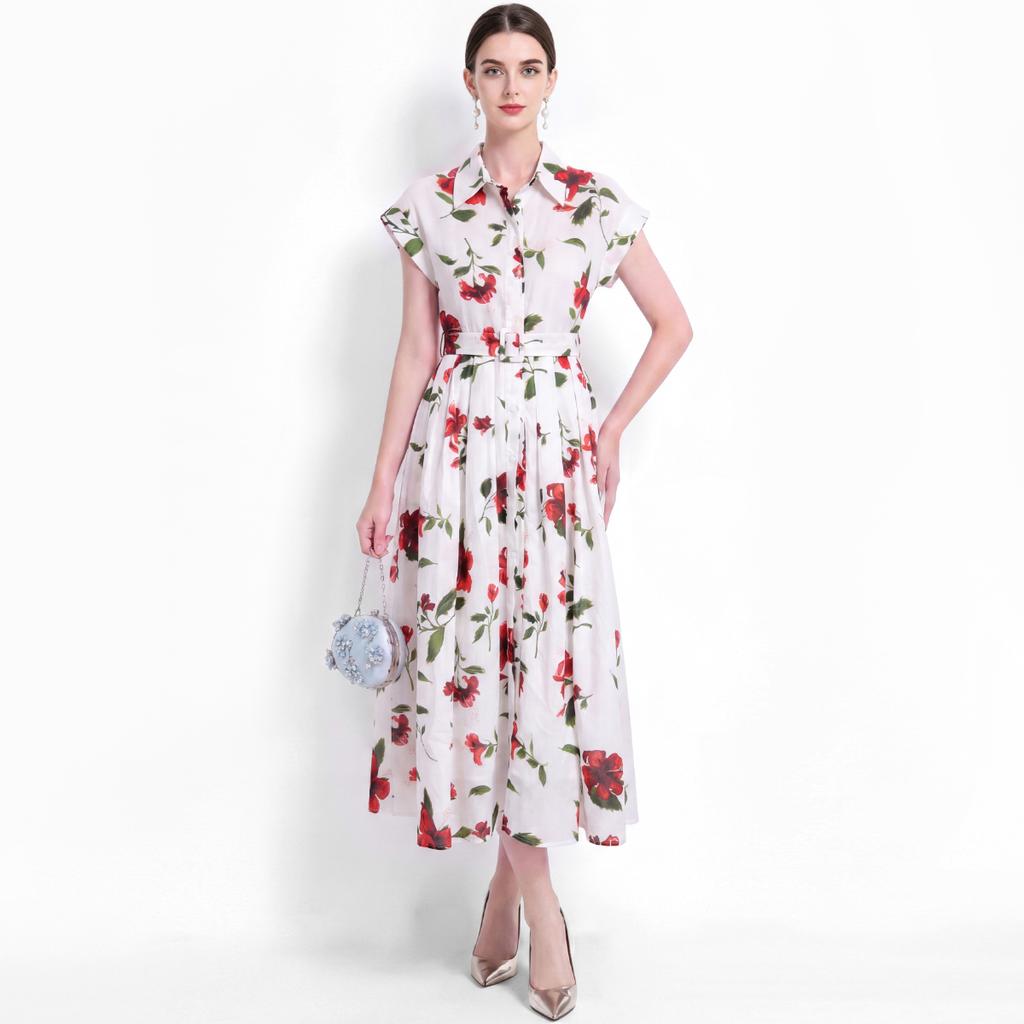 Elegant Floral Print Midi Shirt Dress for Women Summer Cap Sleeve Lapel Button Down Waist Belt A-Line Dress Holiday Outfits