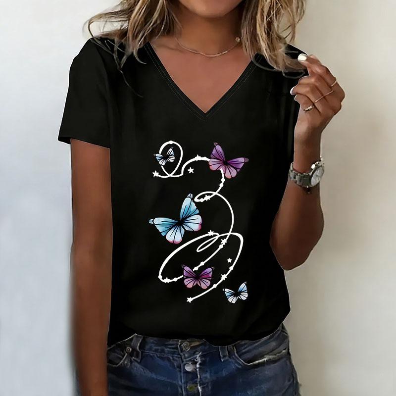 Colorful Butterfly T-shirt V Neck Casual Fashion Graphic T Shirts Women Short Sleeve Tee Shirt V-Neck Summer Spring L