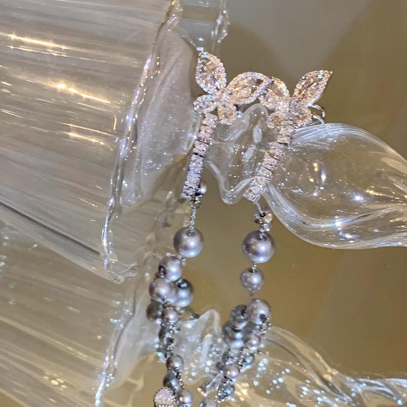 Zircon butterfly pearl tassel multi-wearing earrings light luxury high-end simple stud earrings simple fashion versatile earrings women