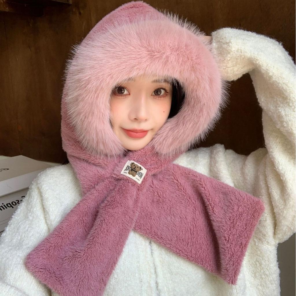 New Plush Hat and Scarf for Women Autumn and Winter New Fashion Plush Warm Ear Protection and Windproof Three Piece Korean Version