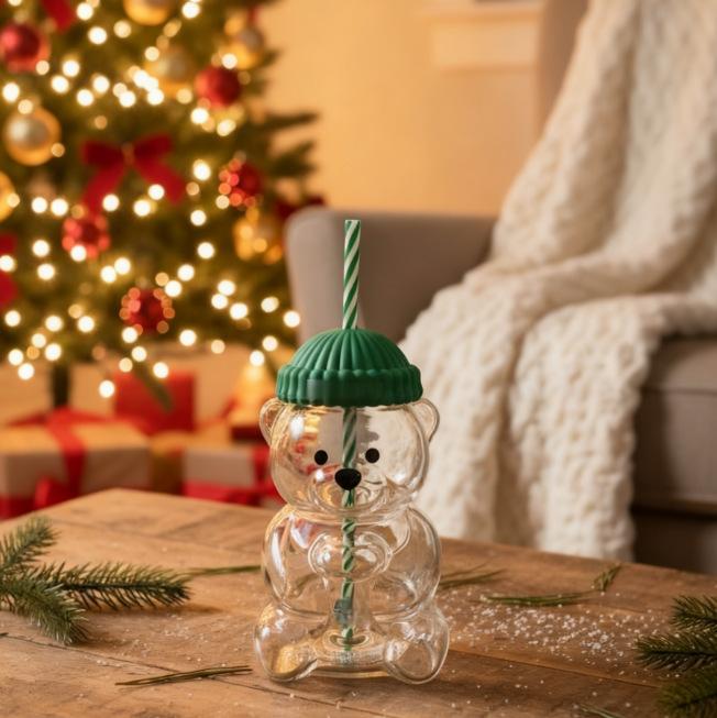 2025 bear straw cup -cute mugs ,coffee beer wine cocktail drinks glassware with straw 550ml