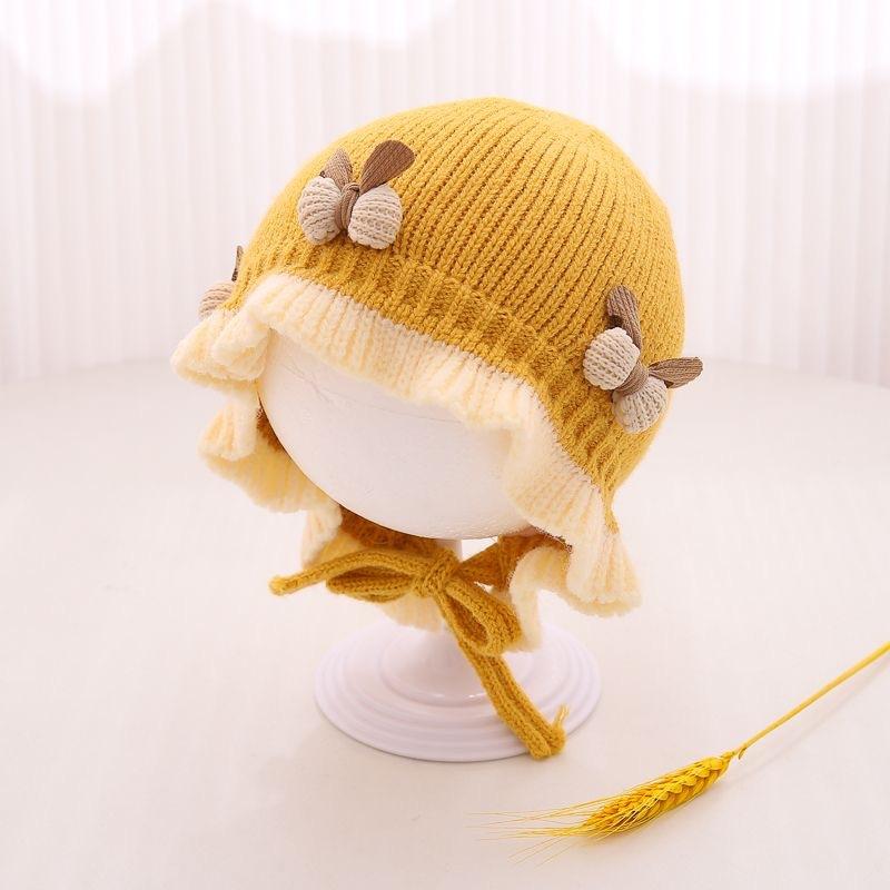 Cute Bow Ruffle Baby Hat Winter Thicken Knitted Warm Infant Lacing Cap Solid Color Newborn Girl Ear Protection Bonnet Beanie