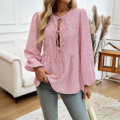 Women's Autumn and Winter Tops Casual Loose Striped Lantern Sleeve Tie Shirt