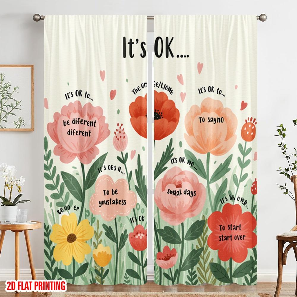 2pcs 2D Flat Printing Curtain It's OK To Be Different Polyester Without Electricity Festive Holiday Perfect for Room Bedroom