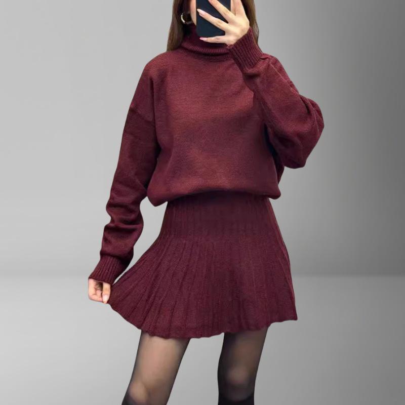 

2024 Европейский и американский осенний однотонный комплект: свободный топ с круглым вырезом и универсальная короткая юбка Small вино красного