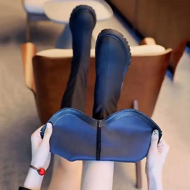 Footwear Elastic Shoes for Woman Winter Knee High Shaft Women's Boots Long Round Toe Black Platform Gyaru Waterproof Quality Pu