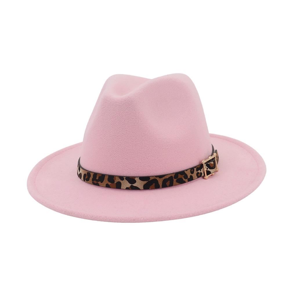 19 Color Women'S Wide Brim Felt Fedora Panama Hat With Leopard Belt Buckle Party Trilby Cowboy Hat Fashion Jazz Cap