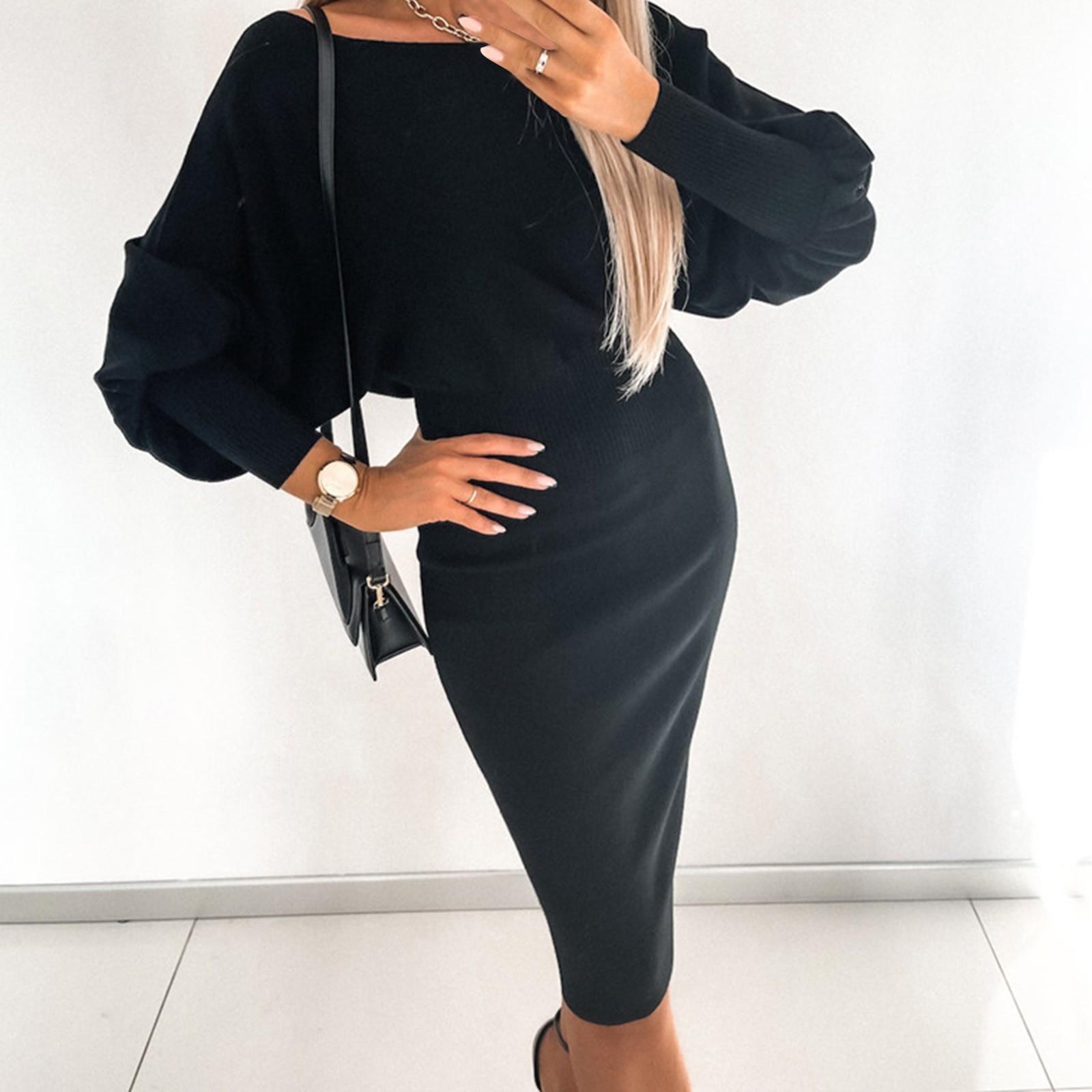 

Женское модное вязаное однотонное платье с длинными рукавами и открытыми плечами L чёрный