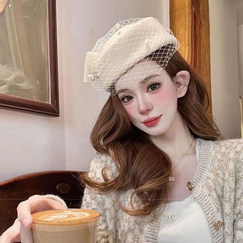 Black Stewardess Hat French Temperament Mesh Lace Woolen Hat British Berets For Women